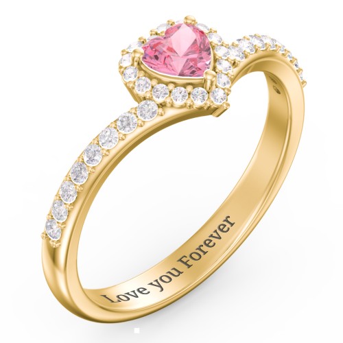 V-Shaped Halo Heart Ring with Accented Band – 18K Gold Plated Silver with Pink Tourmaline and White Premium Zirconia