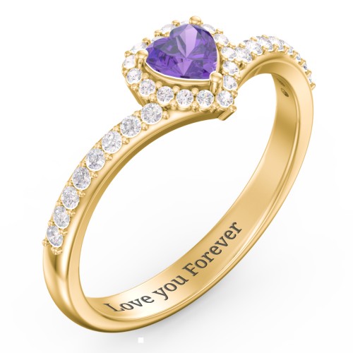 V-Shaped Halo Heart Ring with Accented Band – 18K Gold Plated Silver with Amethyst and White Premium Zirconia