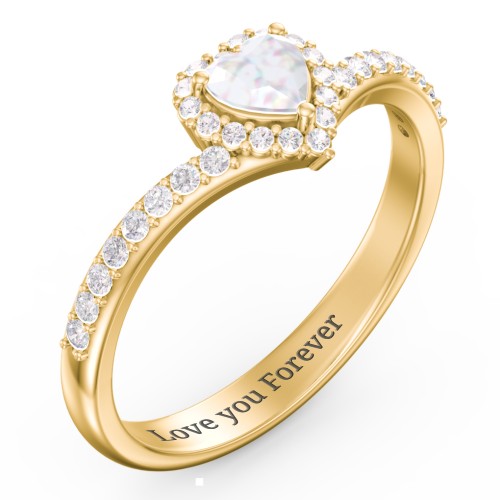 V-Shaped Halo Heart Ring with Accented Band – 18K Gold Plated Silver with Opal and White Premium Zirconia