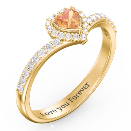 V-Shaped Halo Heart Ring with Accented Band – 18K Gold Plated Silver with Citrine and White Premium Zirconia