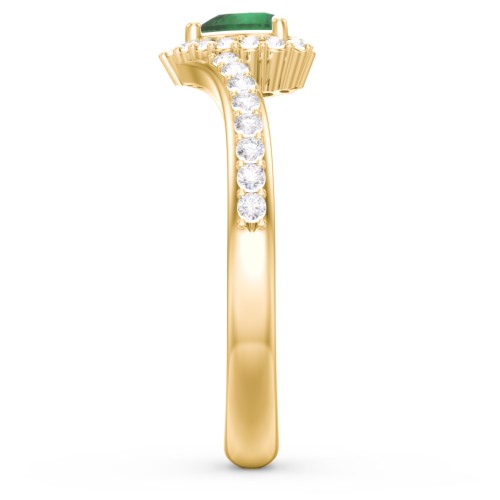 V-Shaped Halo Heart Ring with Accented Band – 18K Gold Plated Silver with Emerald and White Premium Zirconia