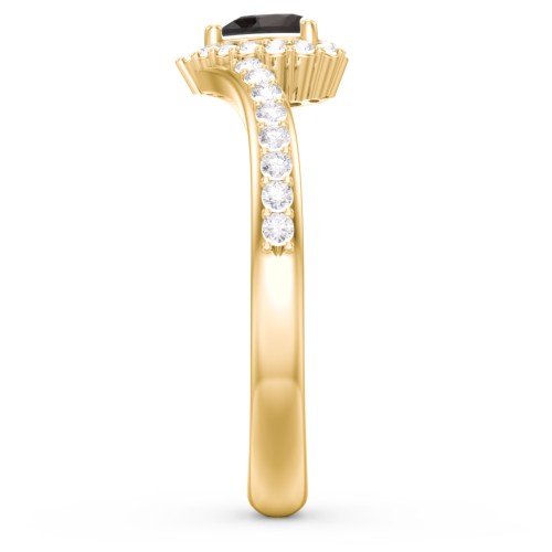 V-Shaped Halo Heart Ring with Accented Band – 18K Gold Plated Silver with Smokey Quartz and White Premium Zirconia