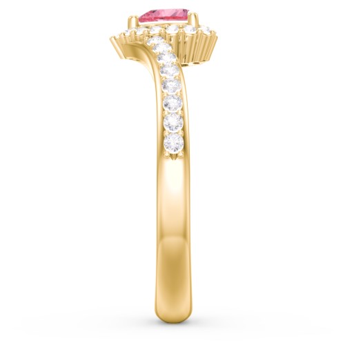 V-Shaped Halo Heart Ring with Accented Band – 18K Gold Plated Silver with Pink Tourmaline and White Premium Zirconia