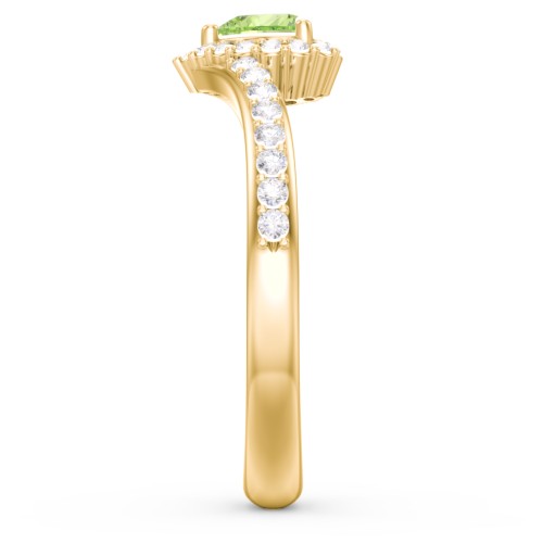 V-Shaped Halo Heart Ring with Accented Band – 18K Gold Plated Silver with Peridot and White Premium Zirconia
