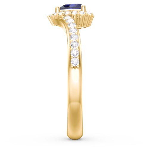 V-Shaped Halo Heart Ring with Accented Band – 18K Gold Plated Silver with Blue Sapphire and White Premium Zirconia