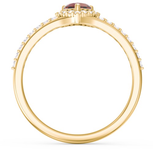 V-Shaped Halo Heart Ring with Accented Band – 18K Gold Plated Silver with Garnet and White Premium Zirconia