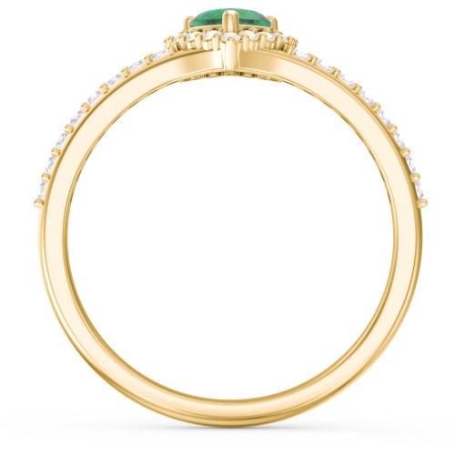 V-Shaped Halo Heart Ring with Accented Band – 18K Gold Plated Silver with Emerald and White Premium Zirconia