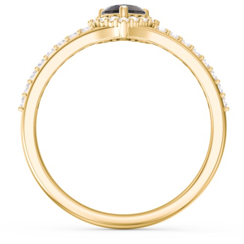 V-Shaped Halo Heart Ring with Accented Band – 18K Gold Plated Silver with Smokey Quartz and White Premium Zirconia