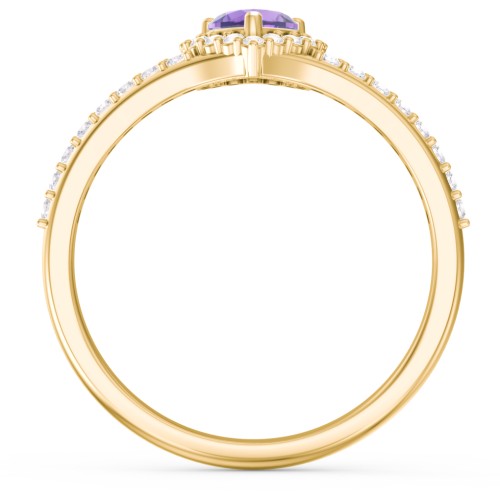 V-Shaped Halo Heart Ring with Accented Band – 18K Gold Plated Silver with Amethyst and White Premium Zirconia