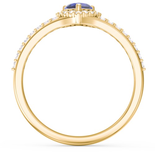 V-Shaped Halo Heart Ring with Accented Band – 18K Gold Plated Silver with Blue Sapphire and White Premium Zirconia