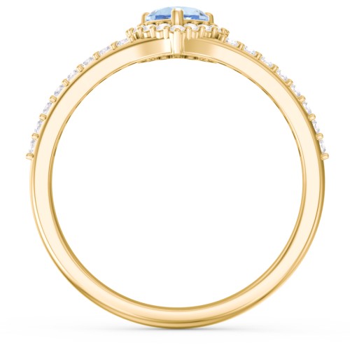 V-Shaped Halo Heart Ring with Accented Band – 18K Gold Plated Silver with Blue Topaz and White Premium Zirconia
