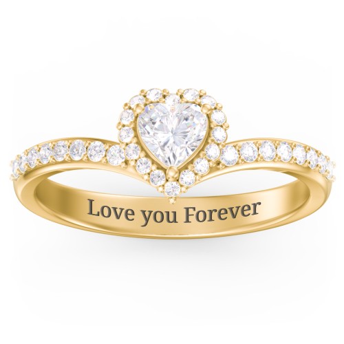 V-Shaped Halo Heart Ring with Accented Band – 18K Gold Plated Silver with Diamond