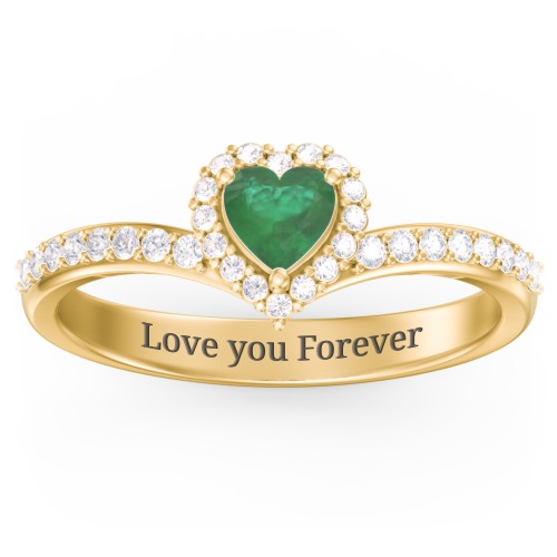 V-Shaped Halo Heart Ring with Accented Band – 18K Gold Plated Silver with Emerald and White Premium Zirconia
