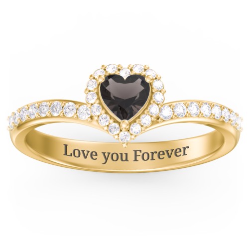 V-Shaped Halo Heart Ring with Accented Band – 18K Gold Plated Silver with Smokey Quartz and White Premium Zirconia