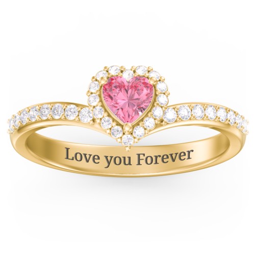 V-Shaped Halo Heart Ring with Accented Band – 18K Gold Plated Silver with Pink Tourmaline and White Premium Zirconia