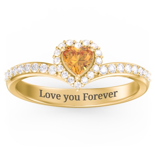 V-Shaped Halo Heart Ring with Accented Band – 18K Gold Plated Silver with Citrine and White Premium Zirconia