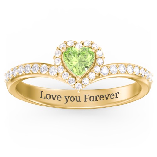 V-Shaped Halo Heart Ring with Accented Band – 18K Gold Plated Silver with Peridot and White Premium Zirconia
