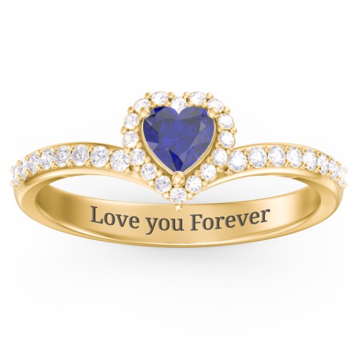 V-Shaped Halo Heart Ring with Accented Band – 18K Gold Plated Silver with Blue Sapphire and White Premium Zirconia