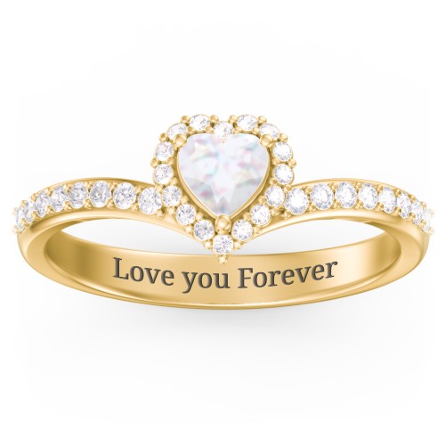 V-Shaped Halo Heart Ring with Accented Band – 18K Gold Plated Silver with Opal and White Premium Zirconia