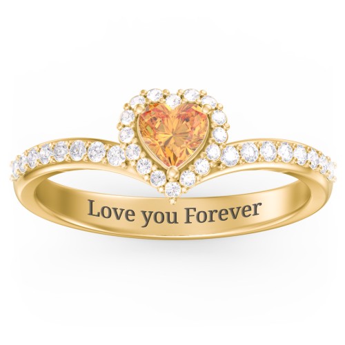 V-Shaped Halo Heart Ring with Accented Band – 18K Gold Plated Silver with Citrine and White Premium Zirconia