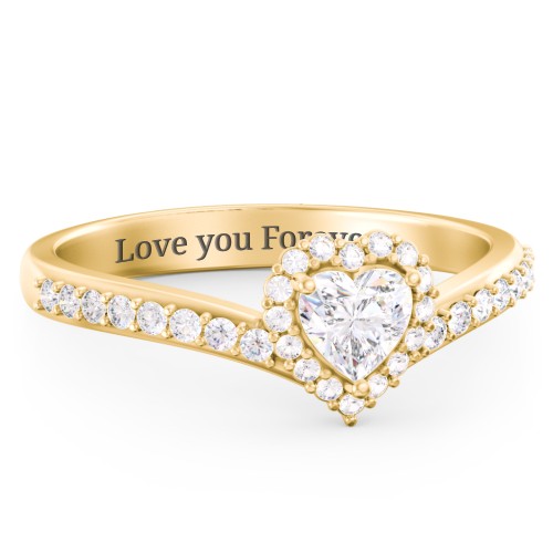 V-Shaped Halo Heart Ring with Accented Band – 18K Gold Plated Silver with Diamond