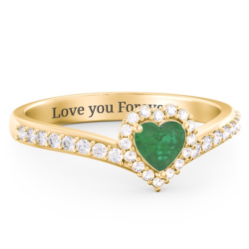 V-Shaped Halo Heart Ring with Accented Band – 18K Gold Plated Silver with Emerald and White Premium Zirconia