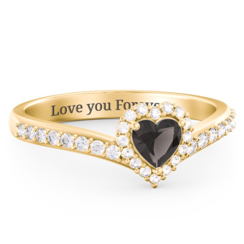 V-Shaped Halo Heart Ring with Accented Band – 18K Gold Plated Silver with Smokey Quartz and White Premium Zirconia