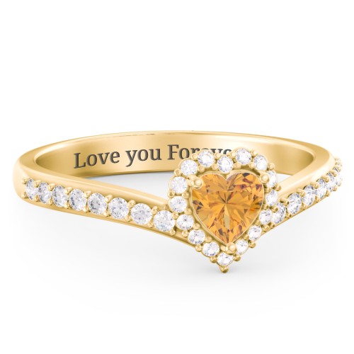 V-Shaped Halo Heart Ring with Accented Band – 18K Gold Plated Silver with Citrine and White Premium Zirconia