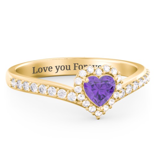 V-Shaped Halo Heart Ring with Accented Band – 18K Gold Plated Silver with Amethyst and White Premium Zirconia
