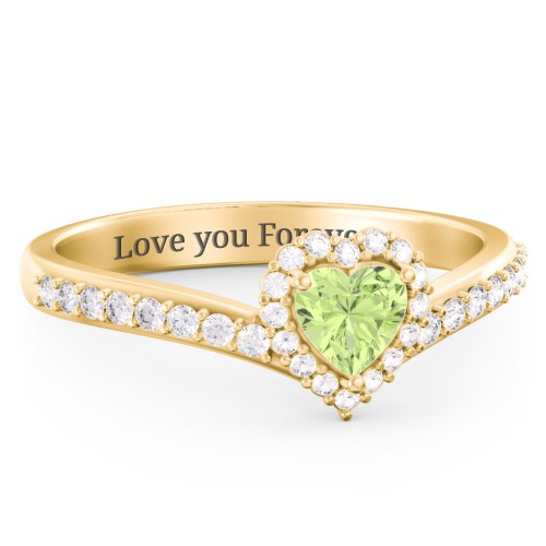 V-Shaped Halo Heart Ring with Accented Band – 18K Gold Plated Silver with Peridot and White Premium Zirconia