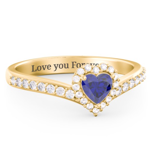 V-Shaped Halo Heart Ring with Accented Band – 18K Gold Plated Silver with Blue Sapphire and White Premium Zirconia