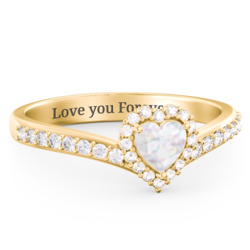 V-Shaped Halo Heart Ring with Accented Band – 18K Gold Plated Silver with Opal and White Premium Zirconia