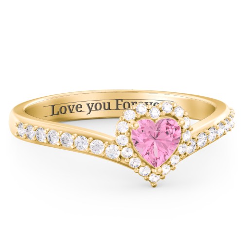 V-Shaped Halo Heart Ring with Accented Band – 18K Gold Plated Silver with Pink Tourmaline and White Premium Zirconia