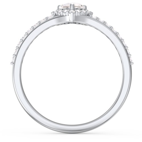 V-Shaped Halo Heart Ring with Accented Band – Sterling Silver with Cubic Zirconia and White Premium Zirconia
