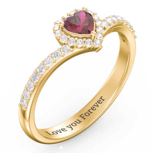 V-Shaped Halo Heart Ring with Accented Band – 10K Yellow Gold with Ruby and White Premium Zirconia