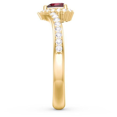 V-Shaped Halo Heart Ring with Accented Band – 10K Yellow Gold with Ruby and White Premium Zirconia