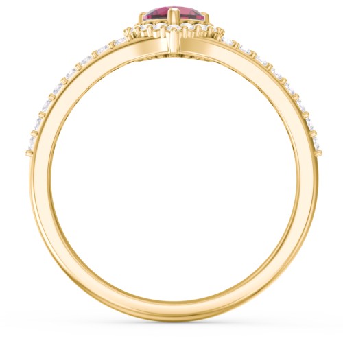 V-Shaped Halo Heart Ring with Accented Band – 10K Yellow Gold with Ruby and White Premium Zirconia