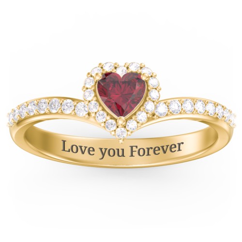 V-Shaped Halo Heart Ring with Accented Band – 10K Yellow Gold with Ruby and White Premium Zirconia