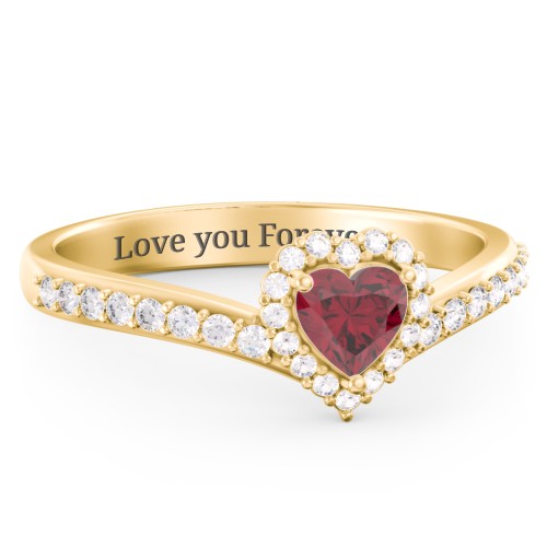 V-Shaped Halo Heart Ring with Accented Band – 10K Yellow Gold with Ruby and White Premium Zirconia