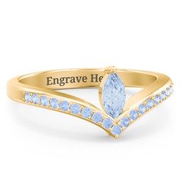 Marquise Birthstone V-Shape Ring With Accents in 18K Gold Plated Silver with Aquamarine and Fancy Blue Premium Zirconia