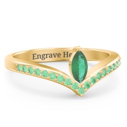 Marquise Birthstone V-Shape Ring With Accents in 18K Gold Plated Silver with Emerald and Green Premium Zirconia