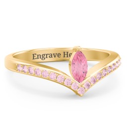 Marquise Birthstone V-Shape Ring With Accents in 18K Gold Plated Silver with Pink Tourmaline and Fancy Pink Premium Zirconia