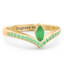 Marquise Birthstone V-Shape Ring With Accents in 18K Gold Plated Silver with Emerald and Green Premium Zirconia