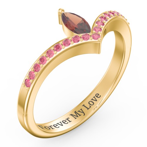 Marquise Birthstone V-Shape Ring With Accents – 18K Gold Plated Silver with Garnet and Red Premium Zirconia