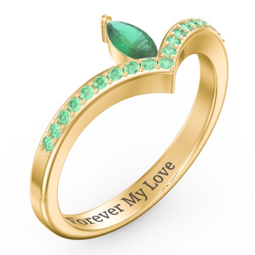 Marquise Birthstone V-Shape Ring With Accents – 18K Gold Plated Silver with Emerald and Green Premium Zirconia