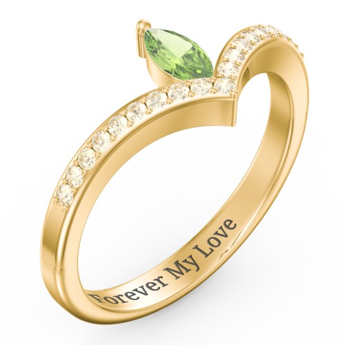 Marquise Birthstone V-Shape Ring With Accents – 18K Gold Plated Silver with Peridot and Fancy Yellow Premium Zirconia