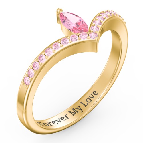 Marquise Birthstone V-Shape Ring With Accents – 18K Gold Plated Silver with Pink Tourmaline and Fancy Pink Premium Zirconia