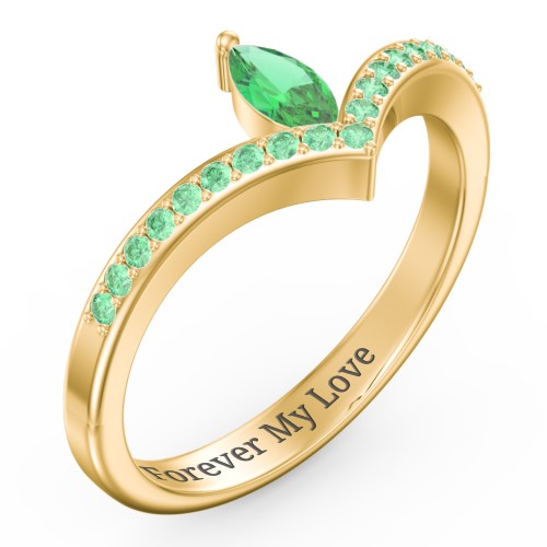 Marquise Birthstone V-Shape Ring With Accents – 18K Gold Plated Silver with Emerald and Green Premium Zirconia