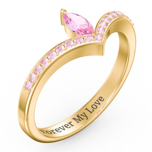 Marquise Birthstone V-Shape Ring With Accents – 18K Gold Plated Silver with Pink Tourmaline and Fancy Pink Premium Zirconia