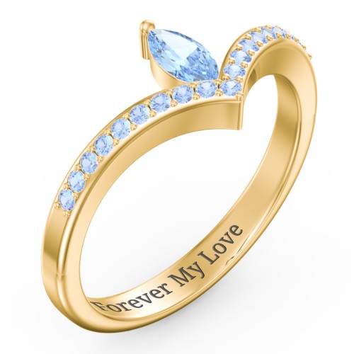 Marquise Birthstone V-Shape Ring With Accents – 18K Gold Plated Silver with Blue Topaz and Fancy Blue Premium Zirconia